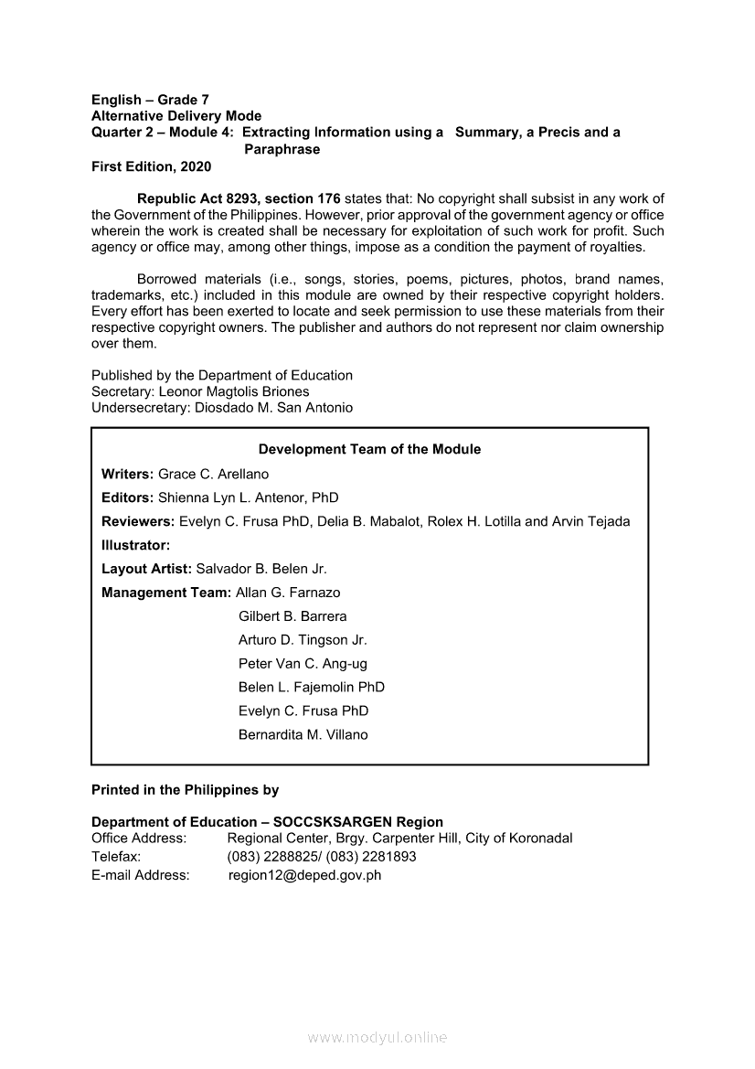 English 7 Quarter 2 Module 4 Extracting Information Using A Summary 